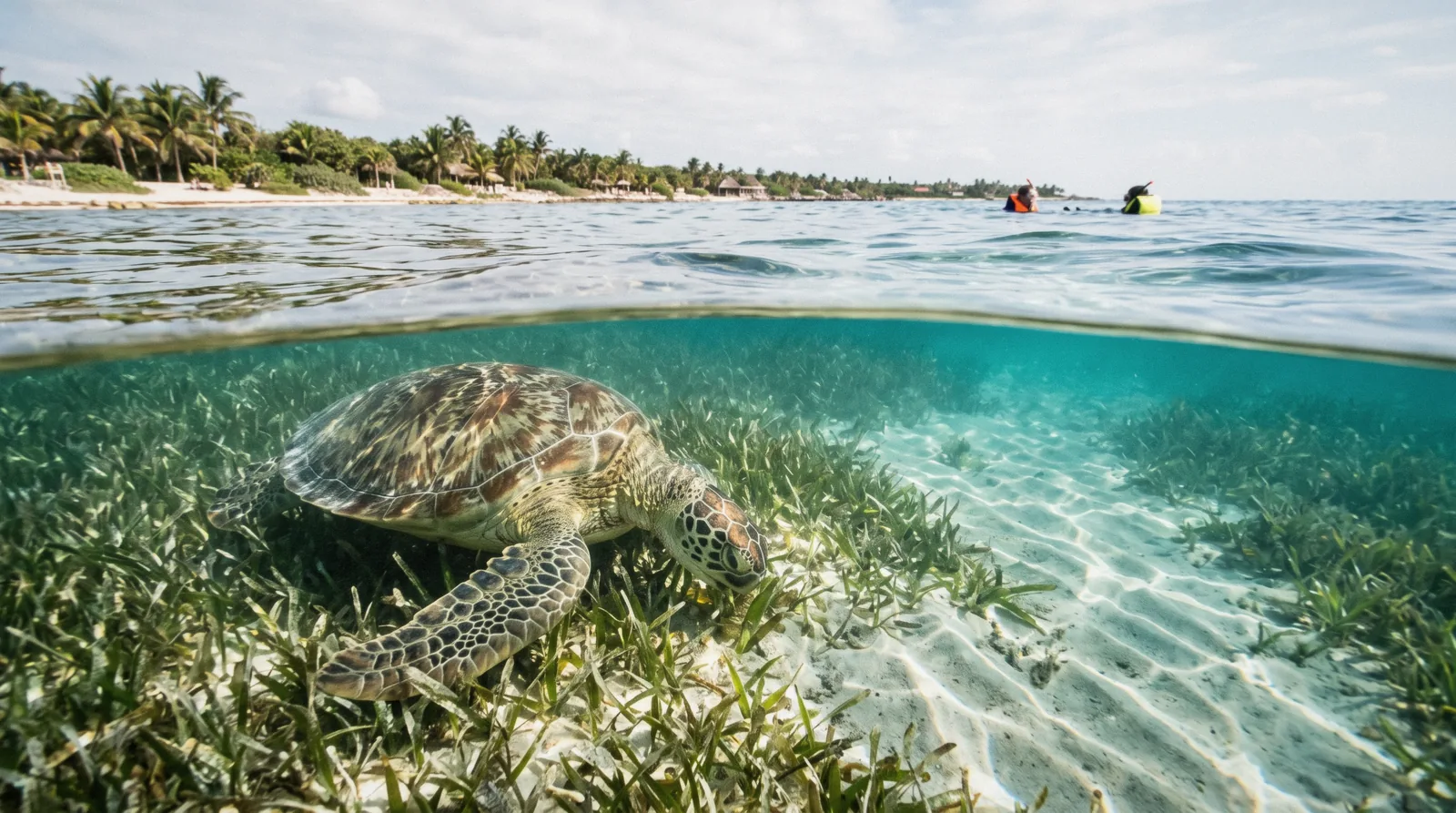 Green turtle grazing seagrass in the shallow water of Akumal Bay near Tulum, Tulum Mexico