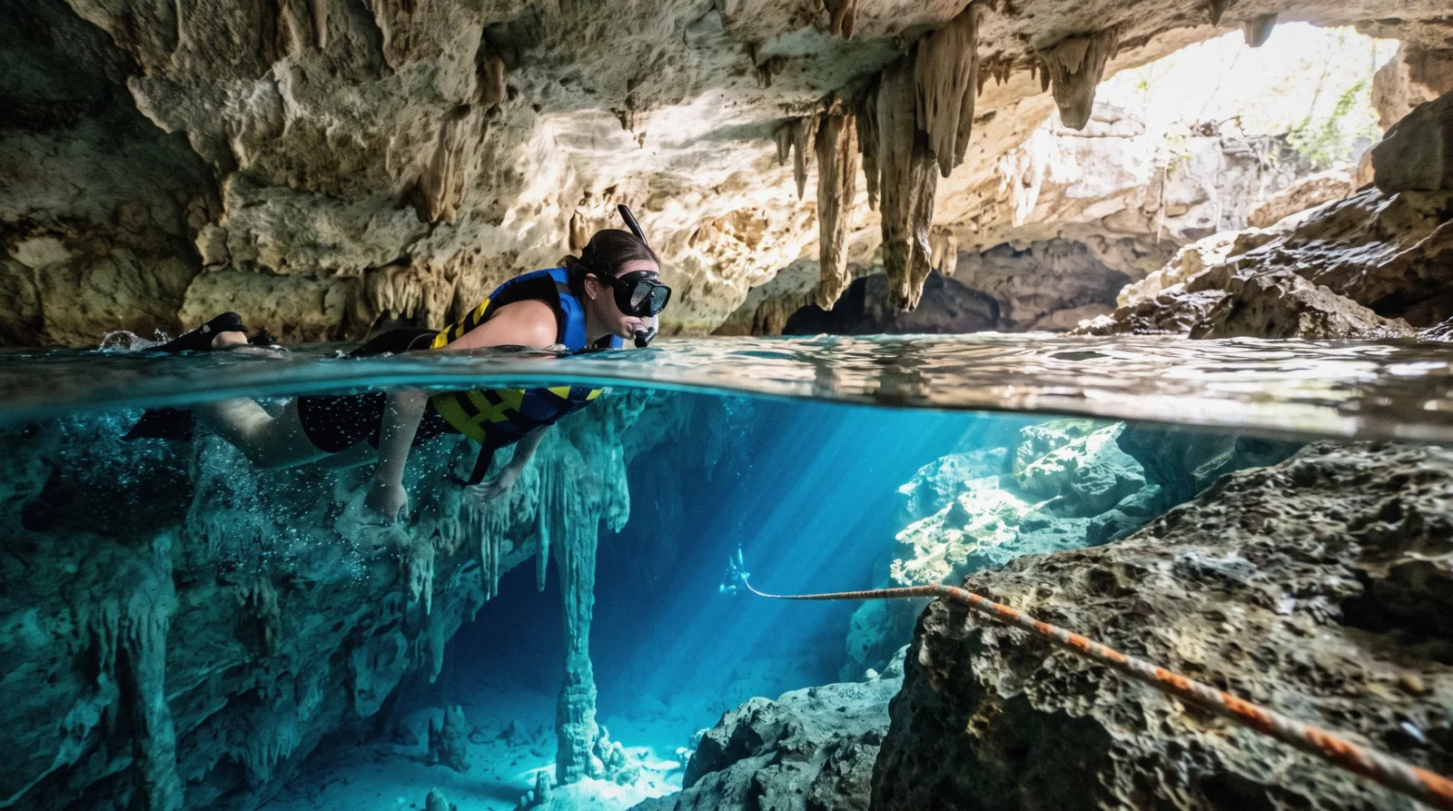 Snorkeller above the lit cavern passage at Cenote Dos Ojos near Tulum, Tulum Mexico