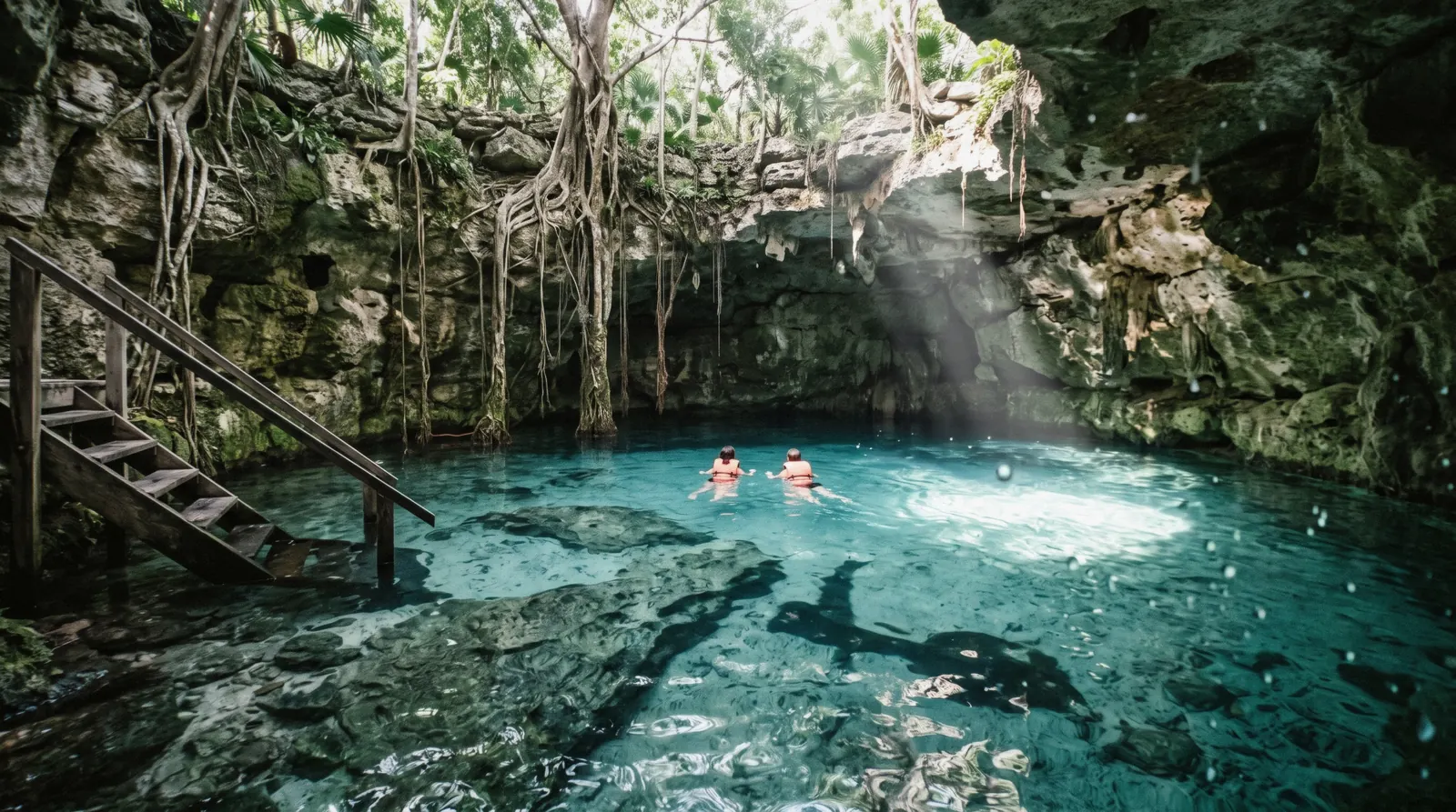 Light falling through the roof opening of a cenote near Tulum on the Cobá road, Tulum Mexico