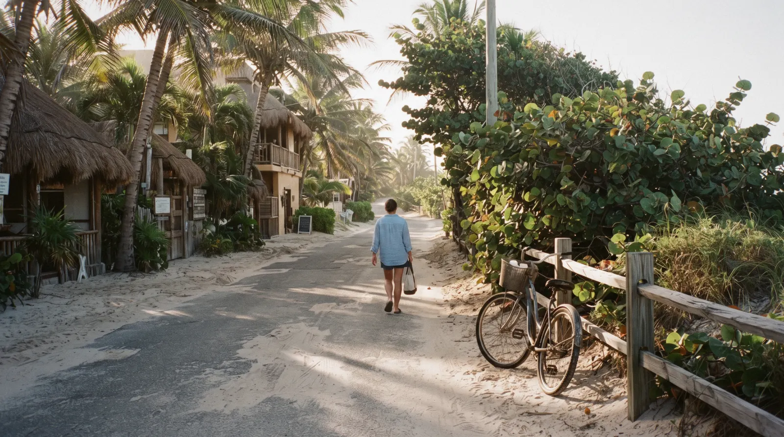 The narrow beach road behind the dune with thatched roofs and a leaning bicycle, the Tulum hotel zone in Mexico
