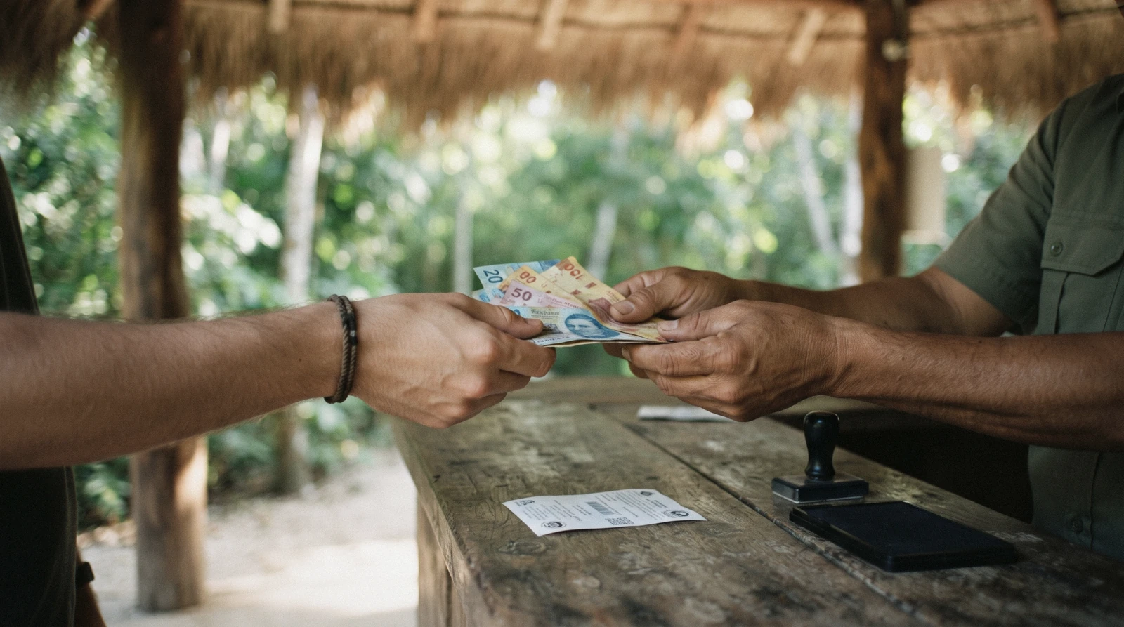 Hands paying pesos in cash at a jungle park ticket window near Tulum, Tulum Mexico