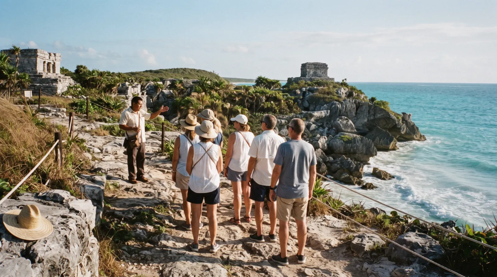 A guide explaining El Castillo to a small group on the cliff path, one of the Tulum tours compared on this page, Tulum, Mexico