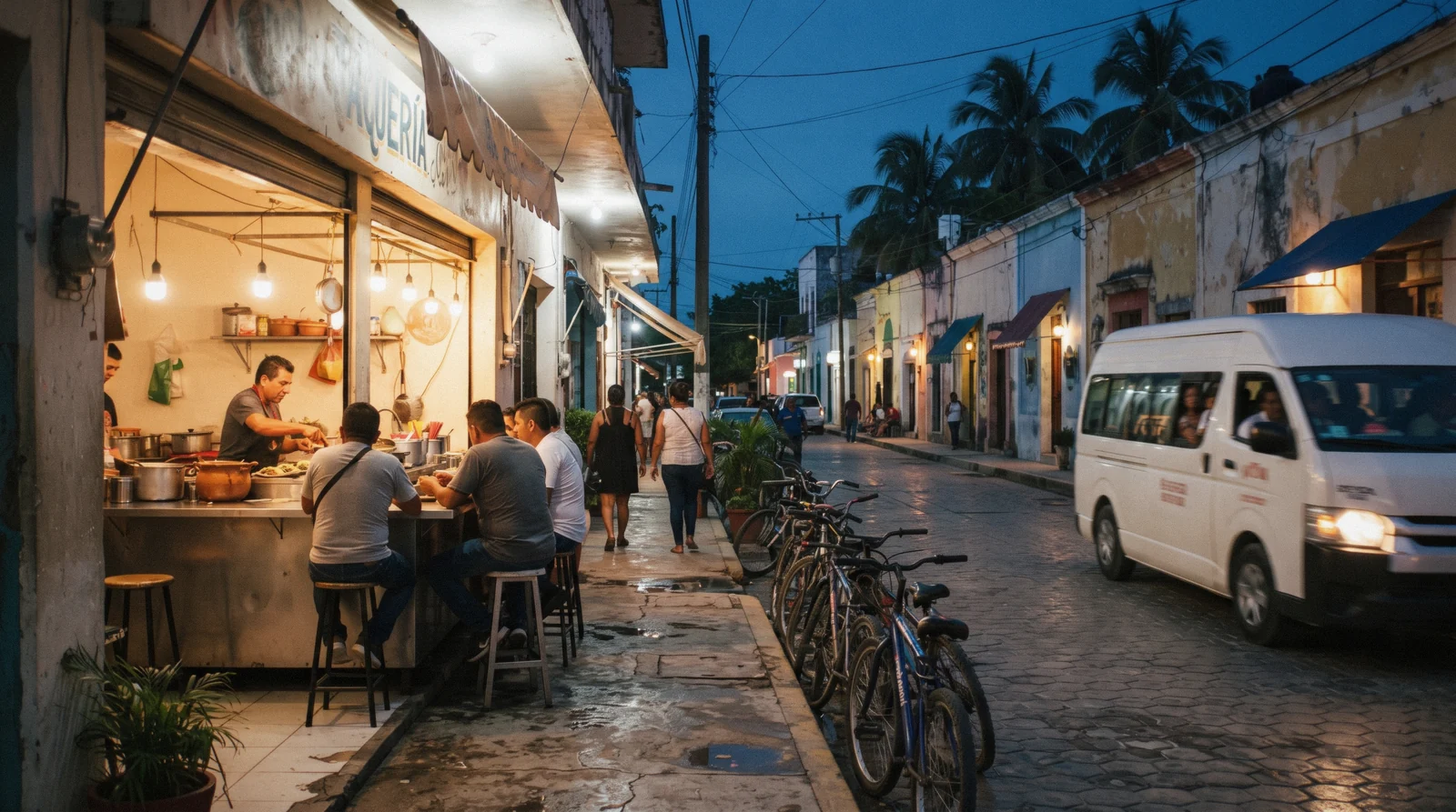 The main street of Tulum Pueblo at dusk with a lit taquería and parked bicycles, the working town of Tulum, Mexico